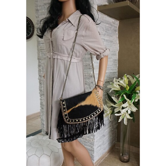 Moroccan Cowhide Leather Fringe Bag: Studded Shoulder Clutch - Picture 9 of 10